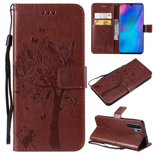 Saturcase Coque Pour Huawei P30 Pro, Arbre À Chat Gaufrage Pu Cuir Magnétique Flip Portefeuille Support Porte-Carte Protecteur Coque Housse Étui Avec Dragonne Pour Huawei P30 Pro (Marron)