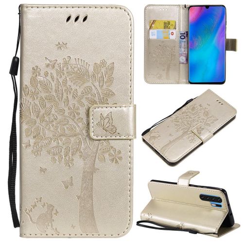 Saturcase Coque Pour Huawei P30 Pro, Arbre À Chat Gaufrage Pu Cuir Magnétique Flip Portefeuille Support Porte-Carte Protecteur Coque Housse Étui Avec Dragonne Pour Huawei P30 Pro (Or)