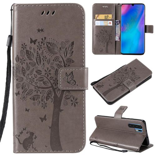 Saturcase Coque Pour Huawei P30 Pro, Arbre À Chat Gaufrage Pu Cuir Magnétique Flip Portefeuille Support Porte-Carte Protecteur Coque Housse Étui Avec Dragonne Pour Huawei P30 Pro (Gris)