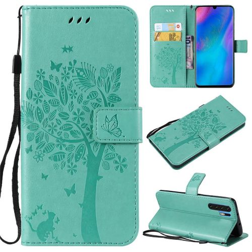 Saturcase Coque Pour Huawei P30 Pro, Arbre À Chat Gaufrage Pu Cuir Magnétique Flip Portefeuille Support Porte-Carte Protecteur Coque Housse Étui Avec Dragonne Pour Huawei P30 Pro (Vert)