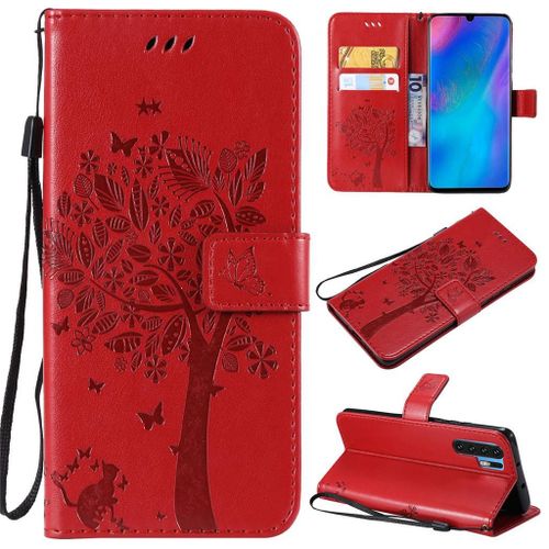Saturcase Coque Pour Huawei P30 Pro, Arbre À Chat Gaufrage Pu Cuir Magnétique Flip Portefeuille Support Porte-Carte Protecteur Coque Housse Étui Avec Dragonne Pour Huawei P30 Pro (Rouge)