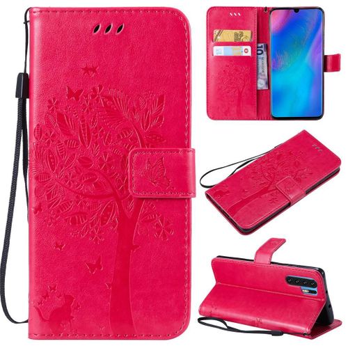 Saturcase Coque Pour Huawei P30 Pro, Arbre À Chat Gaufrage Pu Cuir Magnétique Flip Portefeuille Support Porte-Carte Protecteur Coque Housse Étui Avec Dragonne Pour Huawei P30 Pro (Rose)