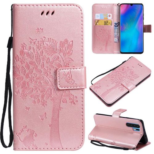 Saturcase Coque Pour Huawei P30 Pro, Arbre À Chat Gaufrage Pu Cuir Magnétique Flip Portefeuille Support Porte-Carte Protecteur Coque Housse Étui Avec Dragonne Pour Huawei P30 Pro (Or Rose)