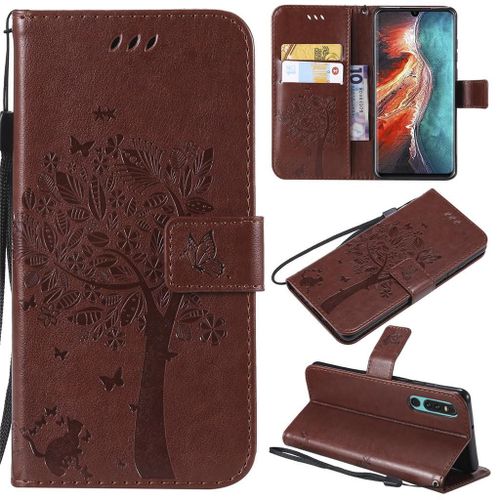 Saturcase Coque Pour Huawei P30, Arbre À Chat Gaufrage Pu Cuir Magnétique Flip Portefeuille Support Porte-Carte Protecteur Coque Housse Étui Avec Dragonne Pour Huawei P30 (Marron)
