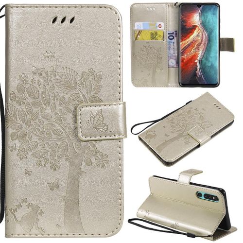 Saturcase Coque Pour Huawei P30, Arbre À Chat Gaufrage Pu Cuir Magnétique Flip Portefeuille Support Porte-Carte Protecteur Coque Housse Étui Avec Dragonne Pour Huawei P30 (Or)