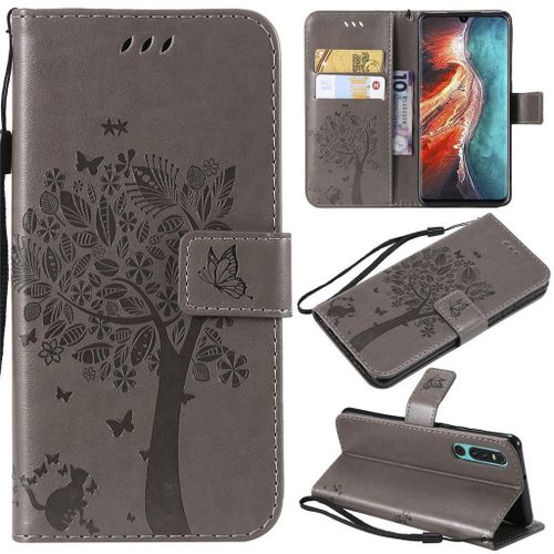 Saturcase Coque Pour Huawei P30, Arbre À Chat Gaufrage Pu Cuir Magnétique Flip Portefeuille Support Porte-Carte Protecteur Coque Housse Étui Avec Dragonne Pour Huawei P30 (Gris)