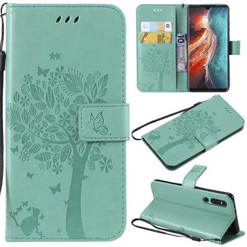 Saturcase Coque Pour Huawei P30, Arbre À Chat Gaufrage Pu Cuir Magnétique Flip Portefeuille Support Porte-Carte Protecteur Coque Housse Étui Avec Dragonne Pour Huawei P30 (Vert)