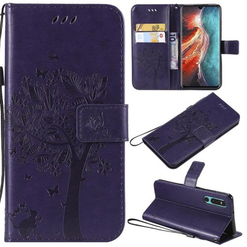 Saturcase Coque Pour Huawei P30, Arbre À Chat Gaufrage Pu Cuir Magnétique Flip Portefeuille Support Porte-Carte Protecteur Coque Housse Étui Avec Dragonne Pour Huawei P30 (Violet)