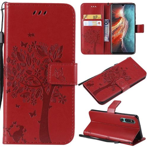 Saturcase Coque Pour Huawei P30, Arbre À Chat Gaufrage Pu Cuir Magnétique Flip Portefeuille Support Porte-Carte Protecteur Coque Housse Étui Avec Dragonne Pour Huawei P30 (Rouge)