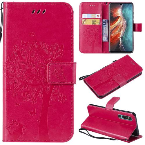 Saturcase Coque Pour Huawei P30, Arbre À Chat Gaufrage Pu Cuir Magnétique Flip Portefeuille Support Porte-Carte Protecteur Coque Housse Étui Avec Dragonne Pour Huawei P30 (Rose)