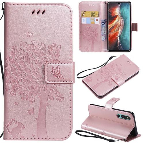 Saturcase Coque Pour Huawei P30, Arbre À Chat Gaufrage Pu Cuir Magnétique Flip Portefeuille Support Porte-Carte Protecteur Coque Housse Étui Avec Dragonne Pour Huawei P30 (Or Rose)