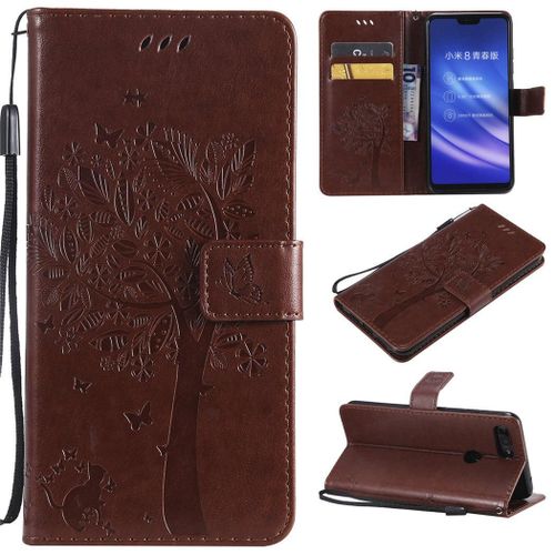 Xiaomi Mi 8 Lite Coque, Saturcase Arbre À Chat Gaufrage Pu Cuir Magnétique Flip Portefeuille Support Porte-Carte Protecteur Coque Housse Étui Avec Dragonne Pour Xiaomi Mi 8 Lite (Marron)