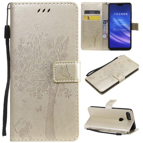 Xiaomi Mi 8 Lite Coque, Saturcase Arbre À Chat Gaufrage Pu Cuir Magnétique Flip Portefeuille Support Porte-Carte Protecteur Coque Housse Étui Avec Dragonne Pour Xiaomi Mi 8 Lite (Or)
