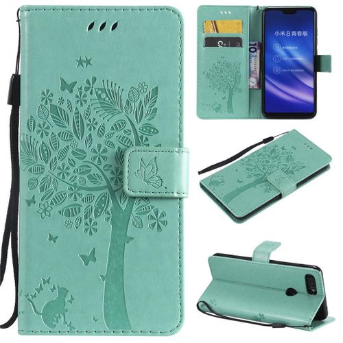 Xiaomi Mi 8 Lite Coque, Saturcase Arbre À Chat Gaufrage Pu Cuir Magnétique Flip Portefeuille Support Porte-Carte Protecteur Coque Housse Étui Avec Dragonne Pour Xiaomi Mi 8 Lite (Vert)