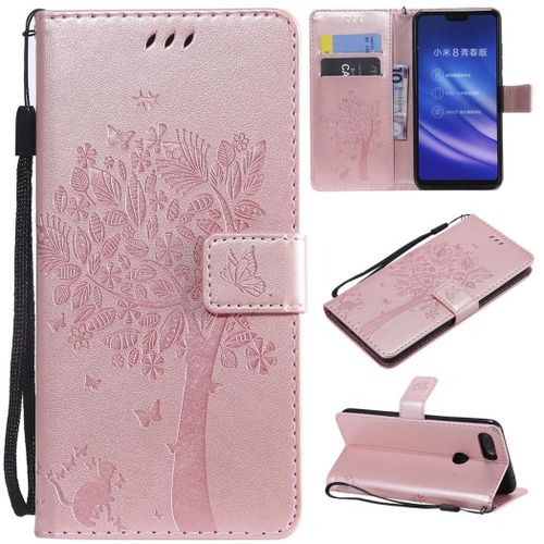 Xiaomi Mi 8 Lite Coque, Saturcase Arbre À Chat Gaufrage Pu Cuir Magnétique Flip Portefeuille Support Porte-Carte Protecteur Coque Housse Étui Avec Dragonne Pour Xiaomi Mi 8 Lite (Or Rose)
