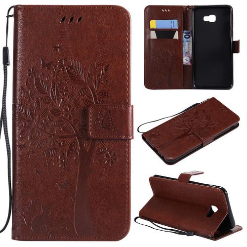 Saturcase Coque Pour Samsung Galaxy J4 Core, Arbre À Chat Pu Cuir Magnétique Flip Portefeuille Support Porte-Carte Protecteur Coque Housse Étui Avec Dragonne Pour Samsung Galaxy J4 Core (Marron)