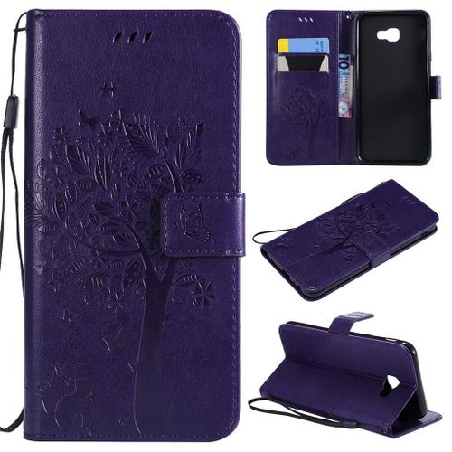 Saturcase Coque Pour Samsung Galaxy J4 Core, Arbre À Chat Pu Cuir Magnétique Flip Portefeuille Support Porte-Carte Protecteur Coque Housse Étui Avec Dragonne Pour Samsung Galaxy J4 Core (Violet)