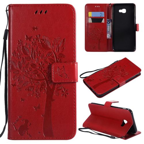 Saturcase Coque Pour Samsung Galaxy J4 Core, Arbre À Chat Pu Cuir Magnétique Flip Portefeuille Support Porte-Carte Protecteur Coque Housse Étui Avec Dragonne Pour Samsung Galaxy J4 Core (Rouge)