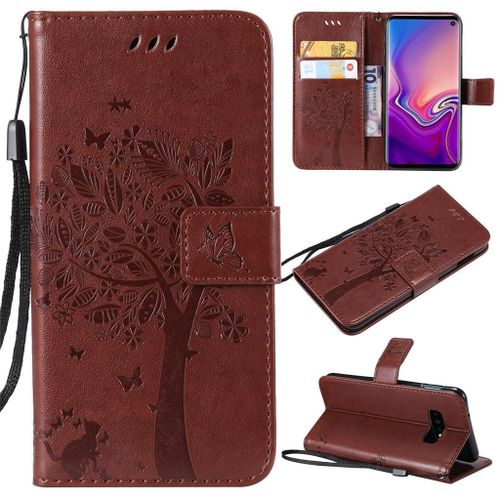 Saturcase Coque Pour Samsung Galaxy S10e, Arbre À Chat Gaufrage Pu Cuir Magnétique Flip Portefeuille Support Porte-Carte Protecteur Coque Housse Étui Avec Dragonne Pour Samsung Galaxy S10e (Marron)