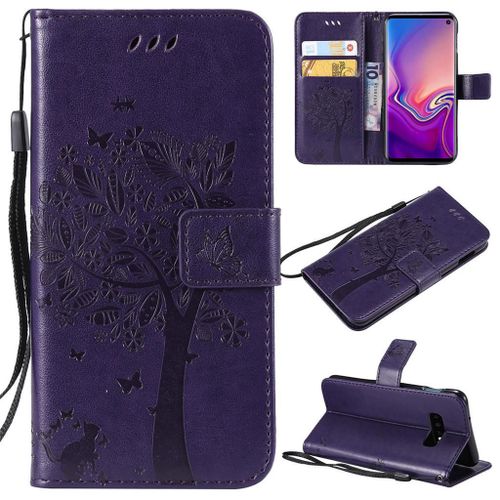 Saturcase Coque Pour Samsung Galaxy S10e, Arbre À Chat Gaufrage Pu Cuir Magnétique Flip Portefeuille Support Porte-Carte Protecteur Coque Housse Étui Avec Dragonne Pour Samsung Galaxy S10e (Violet)