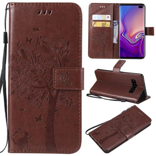 Saturcase Coque Pour Samsung Galaxy S10 Plus, Arbre À Chat Pu Cuir Magnétique Flip Portefeuille Support Porte-Carte Protecteur Coque Housse Étui Avec Dragonne Pour Samsung Galaxy S10 Plus (Marron)