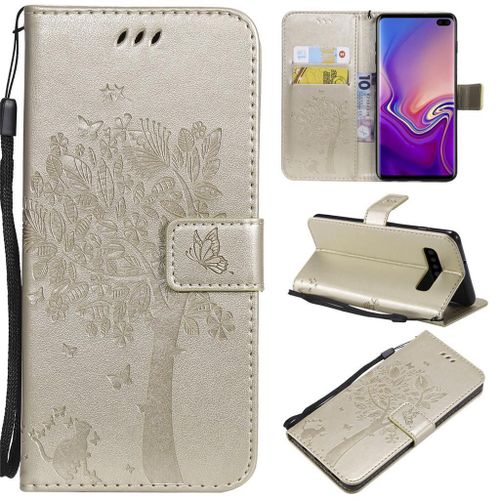 Saturcase Coque Pour Samsung Galaxy S10 Plus, Arbre À Chat Pu Cuir Magnétique Flip Portefeuille Support Porte-Carte Protecteur Coque Housse Étui Avec Dragonne Pour Samsung Galaxy S10 Plus (Or)