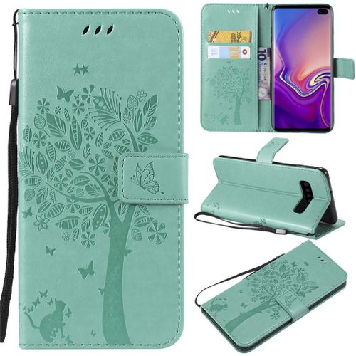 Saturcase Coque Pour Samsung Galaxy S10 Plus, Arbre À Chat Pu Cuir Magnétique Flip Portefeuille Support Porte-Carte Protecteur Coque Housse Étui Avec Dragonne Pour Samsung Galaxy S10 Plus (Vert)