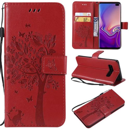 Saturcase Coque Pour Samsung Galaxy S10 Plus, Arbre À Chat Pu Cuir Magnétique Flip Portefeuille Support Porte-Carte Protecteur Coque Housse Étui Avec Dragonne Pour Samsung Galaxy S10 Plus (Rouge)