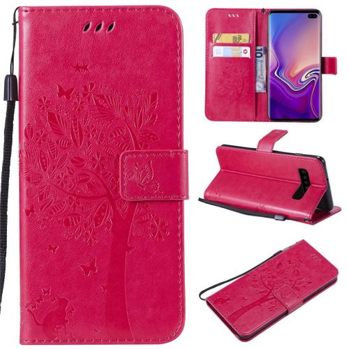 Saturcase Coque Pour Samsung Galaxy S10 Plus, Arbre À Chat Pu Cuir Magnétique Flip Portefeuille Support Porte-Carte Protecteur Coque Housse Étui Avec Dragonne Pour Samsung Galaxy S10 Plus (Rose)