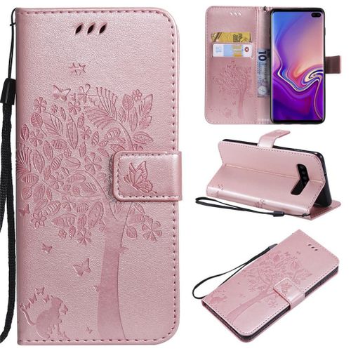 Saturcase Coque Pour Samsung Galaxy S10 Plus, Arbre À Chat Pu Cuir Magnétique Flip Portefeuille Support Porte-Carte Protecteur Coque Housse Étui Avec Dragonne Pour Samsung Galaxy S10 Plus (Or Rose)