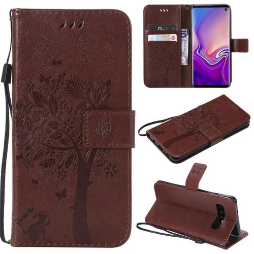 Saturcase Coque Pour Samsung Galaxy S10, Arbre À Chat Gaufrage Pu Cuir Magnétique Flip Portefeuille Support Porte-Carte Protecteur Coque Housse Étui Avec Dragonne Pour Samsung Galaxy S10 (Marron)