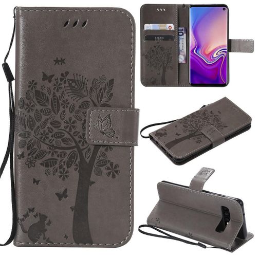 Saturcase Coque Pour Samsung Galaxy S10, Arbre À Chat Gaufrage Pu Cuir Magnétique Flip Portefeuille Support Porte-Carte Protecteur Coque Housse Étui Avec Dragonne Pour Samsung Galaxy S10 (Gris)