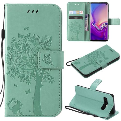 Saturcase Coque Pour Samsung Galaxy S10, Arbre À Chat Gaufrage Pu Cuir Magnétique Flip Portefeuille Support Porte-Carte Protecteur Coque Housse Étui Avec Dragonne Pour Samsung Galaxy S10 (Vert)