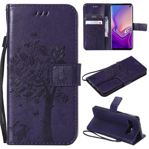 Saturcase Coque Pour Samsung Galaxy S10, Arbre À Chat Gaufrage Pu Cuir Magnétique Flip Portefeuille Support Porte-Carte Protecteur Coque Housse Étui Avec Dragonne Pour Samsung Galaxy S10 (Violet)