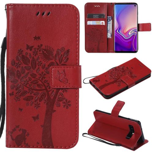 Saturcase Coque Pour Samsung Galaxy S10, Arbre À Chat Gaufrage Pu Cuir Magnétique Flip Portefeuille Support Porte-Carte Protecteur Coque Housse Étui Avec Dragonne Pour Samsung Galaxy S10 (Rouge)