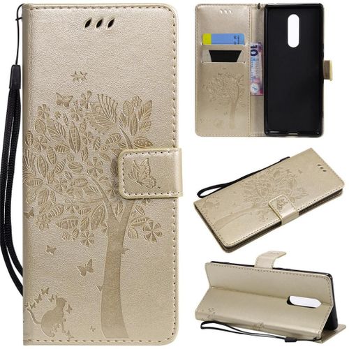 Saturcase Coque Pour Sony Xperia 1, Arbre À Chat Gaufrage Pu Cuir Magnétique Flip Portefeuille Support Porte-Carte Protecteur Coque Housse Étui Avec Dragonne Pour Sony Xperia 1 (Or)