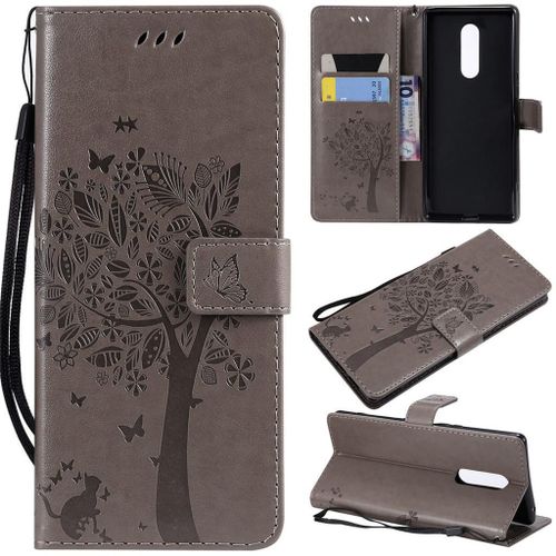 Saturcase Coque Pour Sony Xperia 1, Arbre À Chat Gaufrage Pu Cuir Magnétique Flip Portefeuille Support Porte-Carte Protecteur Coque Housse Étui Avec Dragonne Pour Sony Xperia 1 (Gris)