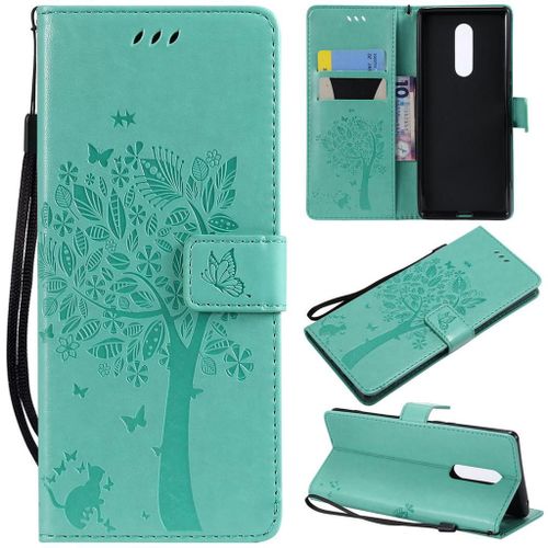 Saturcase Coque Pour Sony Xperia 1, Arbre À Chat Gaufrage Pu Cuir Magnétique Flip Portefeuille Support Porte-Carte Protecteur Coque Housse Étui Avec Dragonne Pour Sony Xperia 1 (Vert)