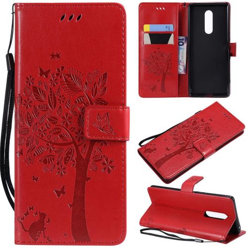 Saturcase Coque Pour Sony Xperia 1, Arbre À Chat Gaufrage Pu Cuir Magnétique Flip Portefeuille Support Porte-Carte Protecteur Coque Housse Étui Avec Dragonne Pour Sony Xperia 1 (Rouge)