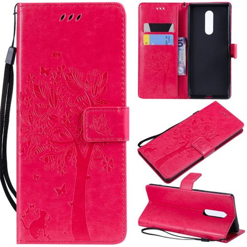 Saturcase Coque Pour Sony Xperia 1, Arbre À Chat Gaufrage Pu Cuir Magnétique Flip Portefeuille Support Porte-Carte Protecteur Coque Housse Étui Avec Dragonne Pour Sony Xperia 1 (Rose)