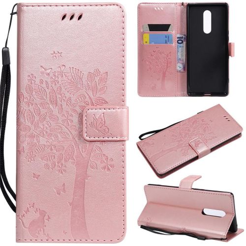 Saturcase Coque Pour Sony Xperia 1, Arbre À Chat Gaufrage Pu Cuir Magnétique Flip Portefeuille Support Porte-Carte Protecteur Coque Housse Étui Avec Dragonne Pour Sony Xperia 1 (Or Rose)
