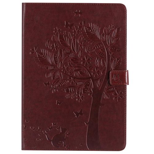 Saturcase Coque Pour Apple Ipad Pro 10.5 2017, Arbre À Chat Gaufrage Pu Cuir Magnétique Flip Portefeuille Support Porte-Carte Protecteur Coque Housse Étui Pour Apple Ipad Pro 10.5 2017 (Marron)