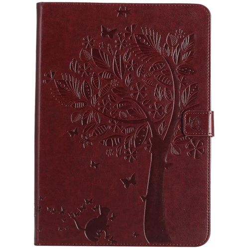 Saturcase Coque Pour Apple Ipad 9.7 2017/2018, Arbre À Chat Gaufrage Pu Cuir Magnétique Flip Portefeuille Support Porte-Carte Protecteur Coque Housse Étui Pour Apple Ipad 9.7 2017/2018 (Marron)