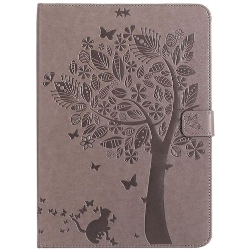 Saturcase Coque Pour Apple Ipad 9.7 2017/2018, Arbre À Chat Gaufrage Pu Cuir Magnétique Flip Portefeuille Support Porte-Carte Protecteur Coque Housse Étui Pour Apple Ipad 9.7 2017/2018 (Gris)