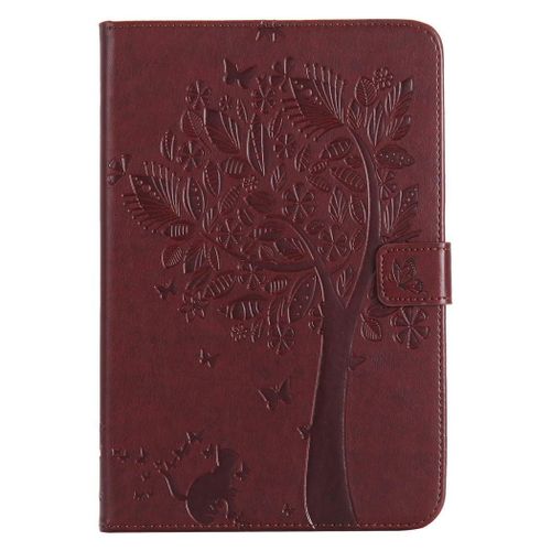 Saturcase Coque Pour Apple Ipad Mini 4, Arbre À Chat Gaufrage Pu Cuir Magnétique Flip Portefeuille Support Porte-Carte Protecteur Coque Housse Étui Pour Apple Ipad Mini 4 (Marron)