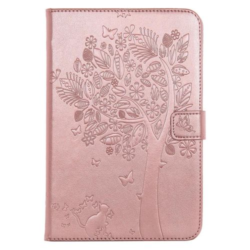 Saturcase Coque Pour Apple Ipad Mini 4, Arbre À Chat Gaufrage Pu Cuir Magnétique Flip Portefeuille Support Porte-Carte Protecteur Coque Housse Étui Pour Apple Ipad Mini 4 (Or Rose)