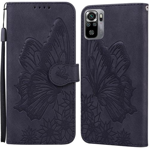 Coque Pour Xiaomi Redmi Note 10 4g /Note 10s, Etui Redmi Note 10s Housse En Cuir Pu Etui À Rabat Clapet Portefeuille De Protection Avec Motif Papillon, Coque Silicone Antichoc, Le Noir