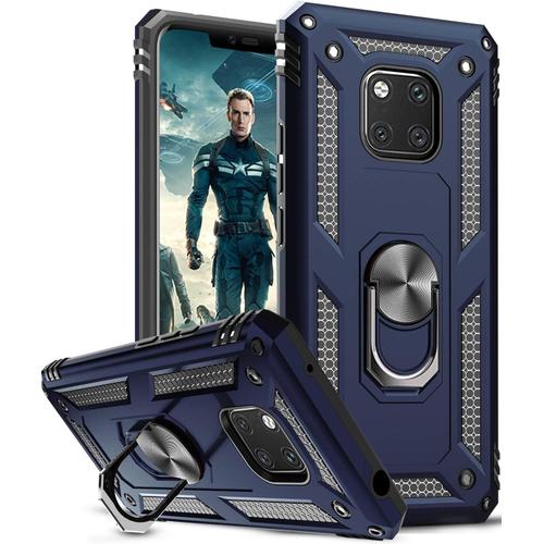 Coque Huawei Mate 20 Pro Armor Avec Anneau Magnétique À 360 Degrés Et Support En Pc Dur Et Pare Chocs En Silicone Tpu Anti Chocs Pour Mate 20 Pro Mobile Avec Protection D'écran Hd, Bleu