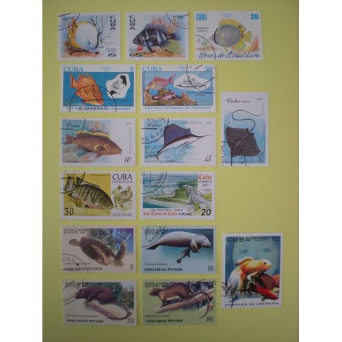 Lot De 15 Timbres Oblitérés - Cuba - Poissons Et Autres Animaux