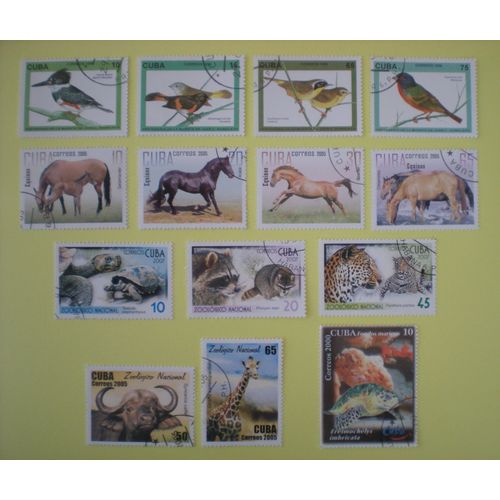 Lot De 14 Timbres Oblitérés - Cuba - Oiseaux, Chevaux Et Autres Animaux